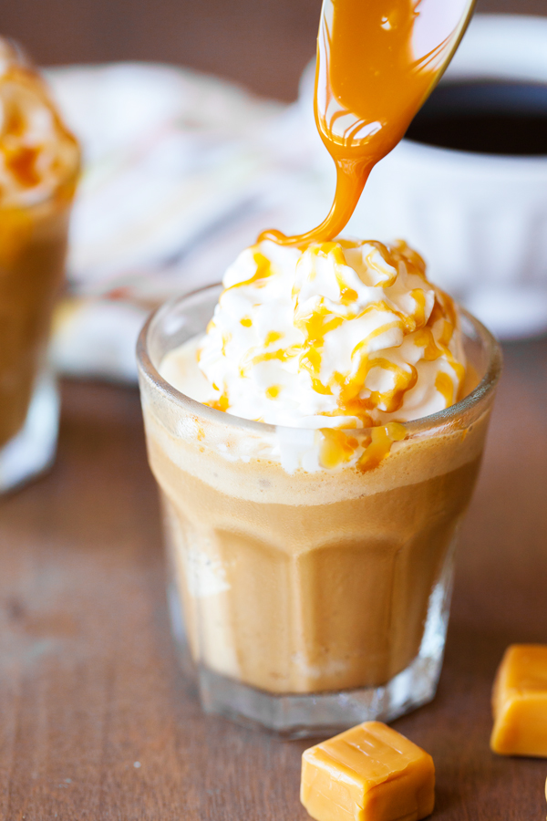 A summer-worthy treat, French Vanilla and Caramel Affogato Frappe tops homemade frappe with a scoop of no-churn caramel ice cream.