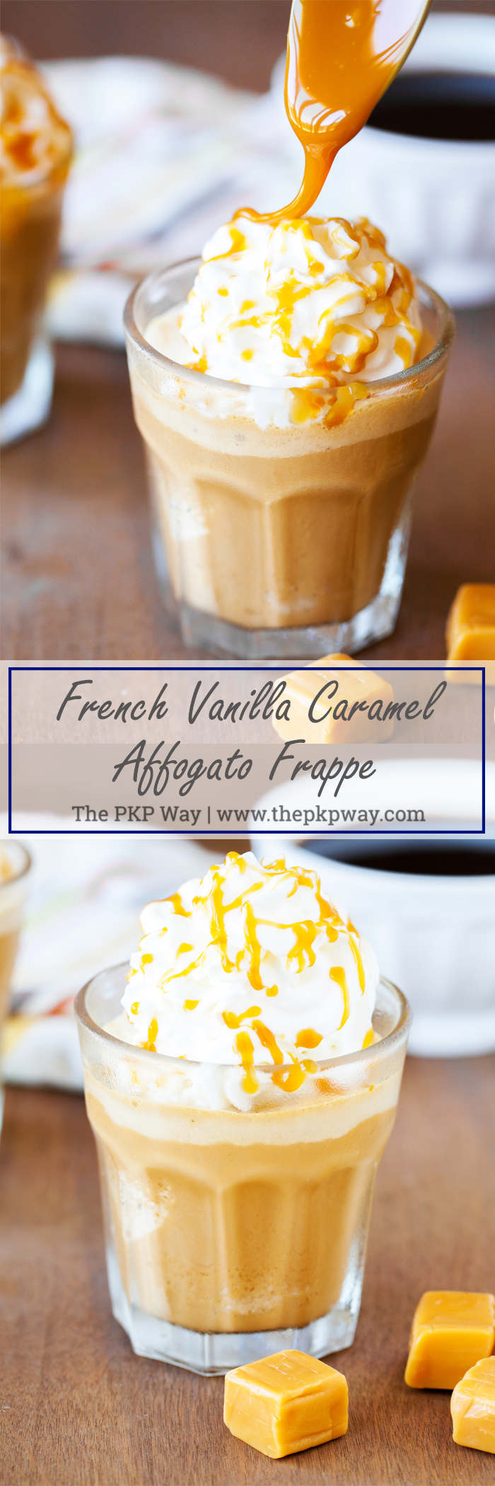 A summer-worthy treat, French Vanilla and Caramel Affogato Frappe tops homemade frappe with a scoop of no-churn caramel ice cream.