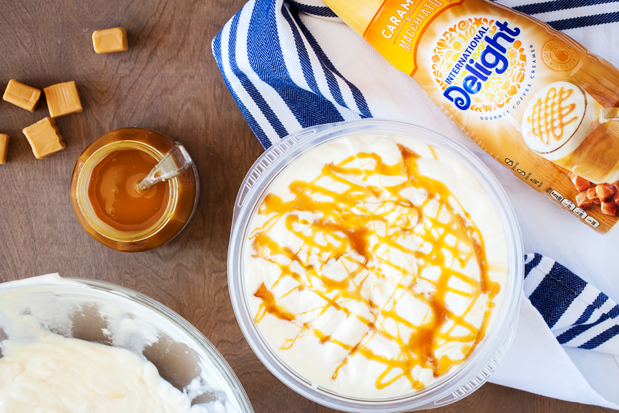 A summer-worthy treat, French Vanilla and Caramel Affogato Frappe tops homemade frappe with a scoop of no-churn caramel ice cream.