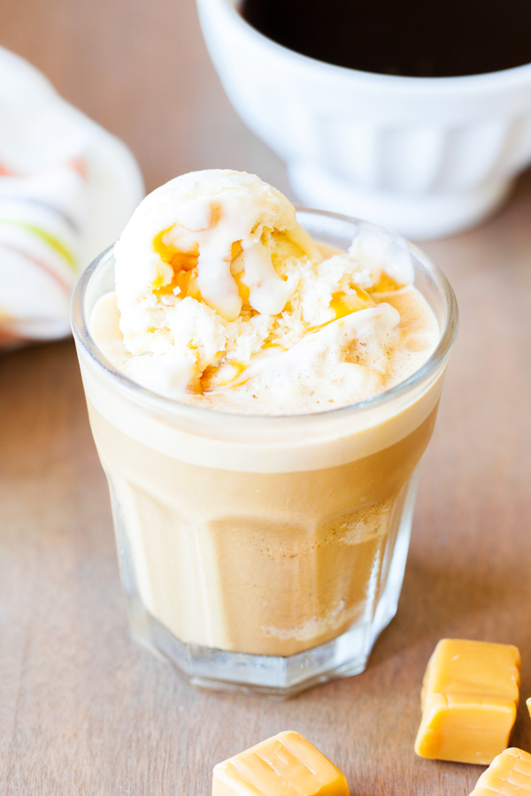 A summer-worthy treat, French Vanilla and Caramel Affogato Frappe tops homemade frappe with a scoop of no-churn caramel ice cream.