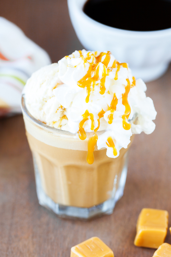 A summer-worthy treat, French Vanilla and Caramel Affogato Frappe tops homemade frappe with a scoop of no-churn caramel ice cream.