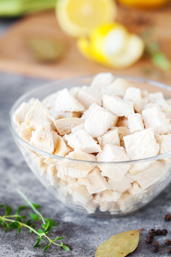 Bowl of cooked and cubed chicken.