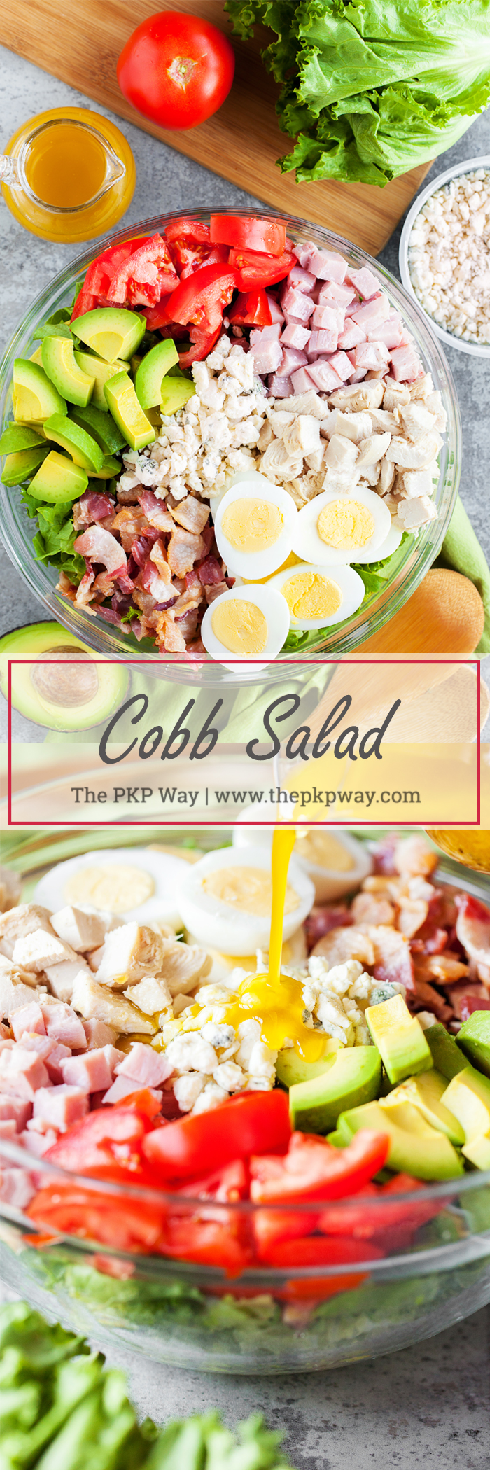 A Classic Cobb Salad loaded with fresh vegetables, three kinds of meat, hard boiled eggs, and blue cheese crumbles.