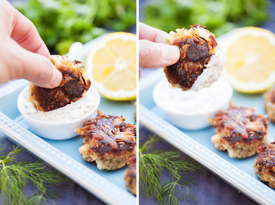 Pan fried Crab Cakes with succulent lump crab meat and fresh herbs.