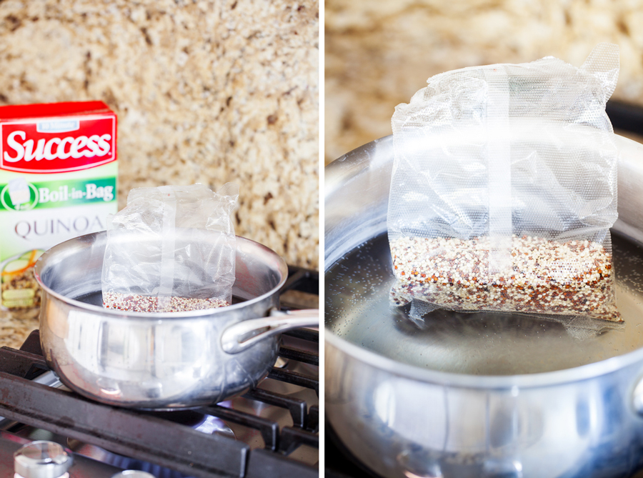 Quinoa in a bag, cooking in a pot. 
