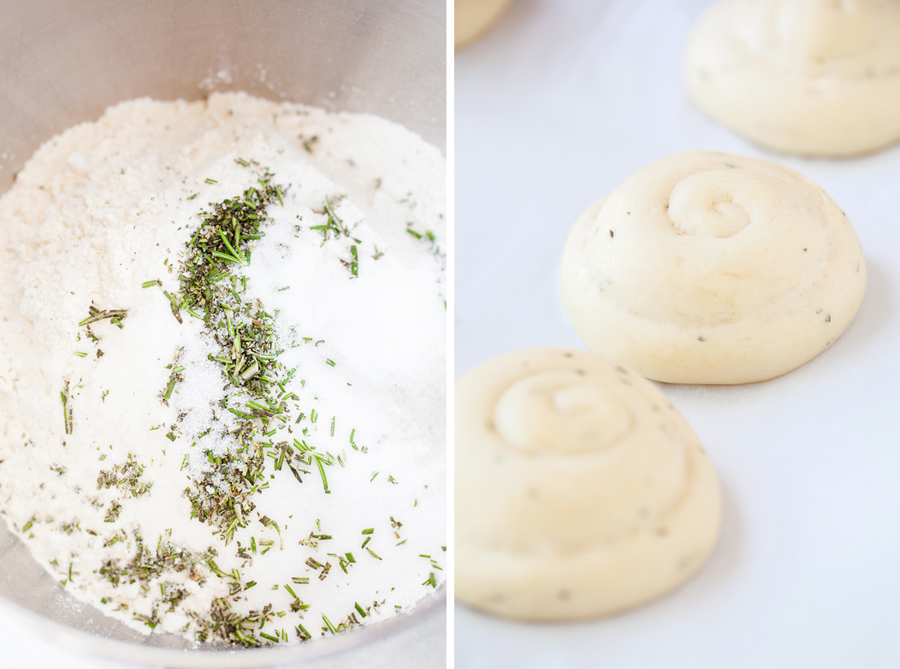 Left: Fresh rosemary leaves in dry ingredients. Right: Raw Rosemary Dinner Rolls on parchment paper. 