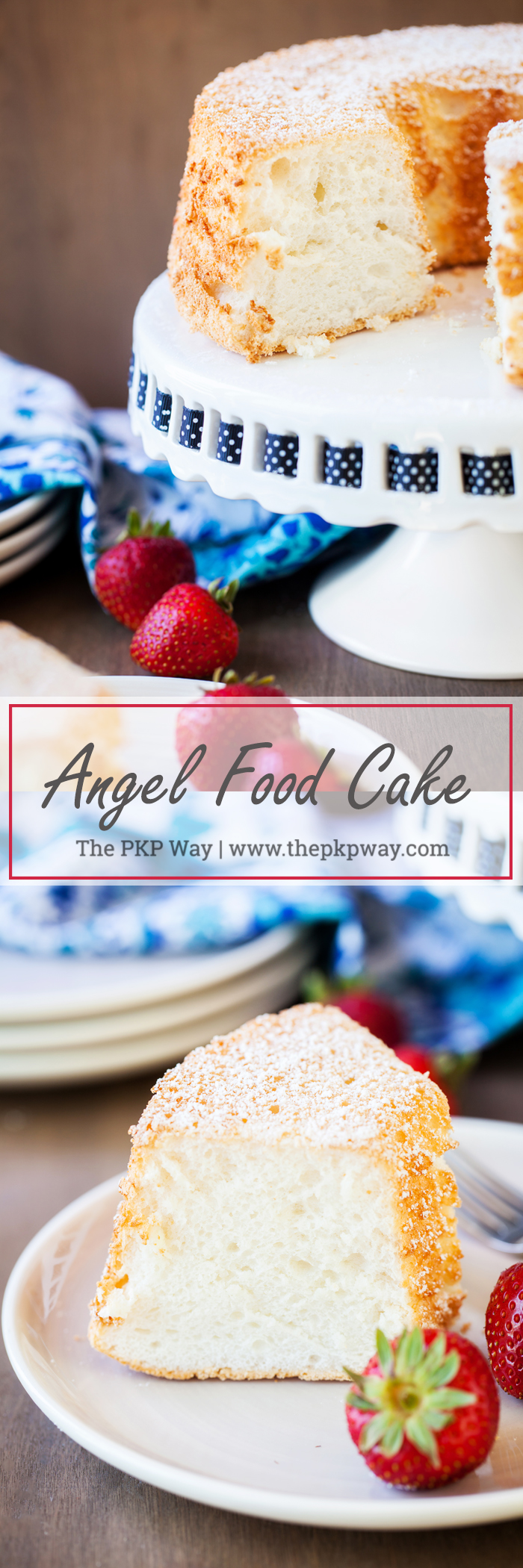 Light and airy Angel Food Cake, delicious with powdered sugar, strawberries or whipped cream!