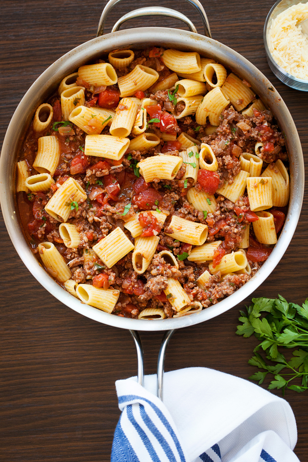 Rigatoni with Italian Sausage Tomato Pasta Sauce in a pan. 