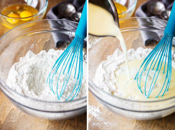 Left: Large bowl with dry yeast waffle ingredients. Right: Wet ingredients being poured into the dry ingredients. 