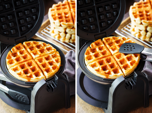 Left: Yeast waffle in waffle iron. Right: Yeast waffle lifted from waffle iron. 