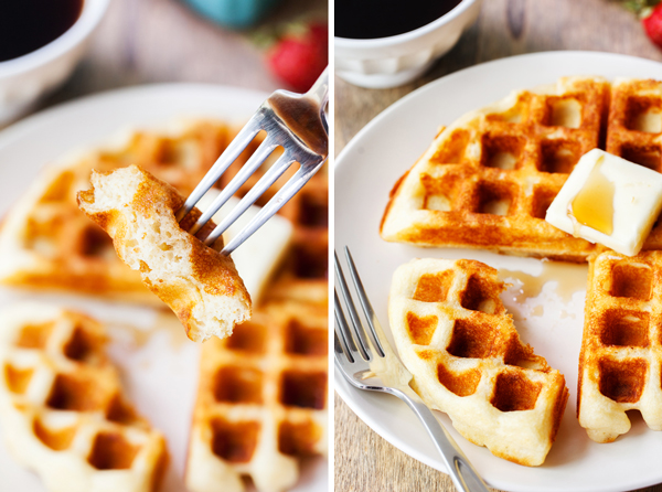 Left: Piece of yeast waffle on a fork. Right: Partially eaten yeast waffle on a plate with pat of butter and syrup. 
