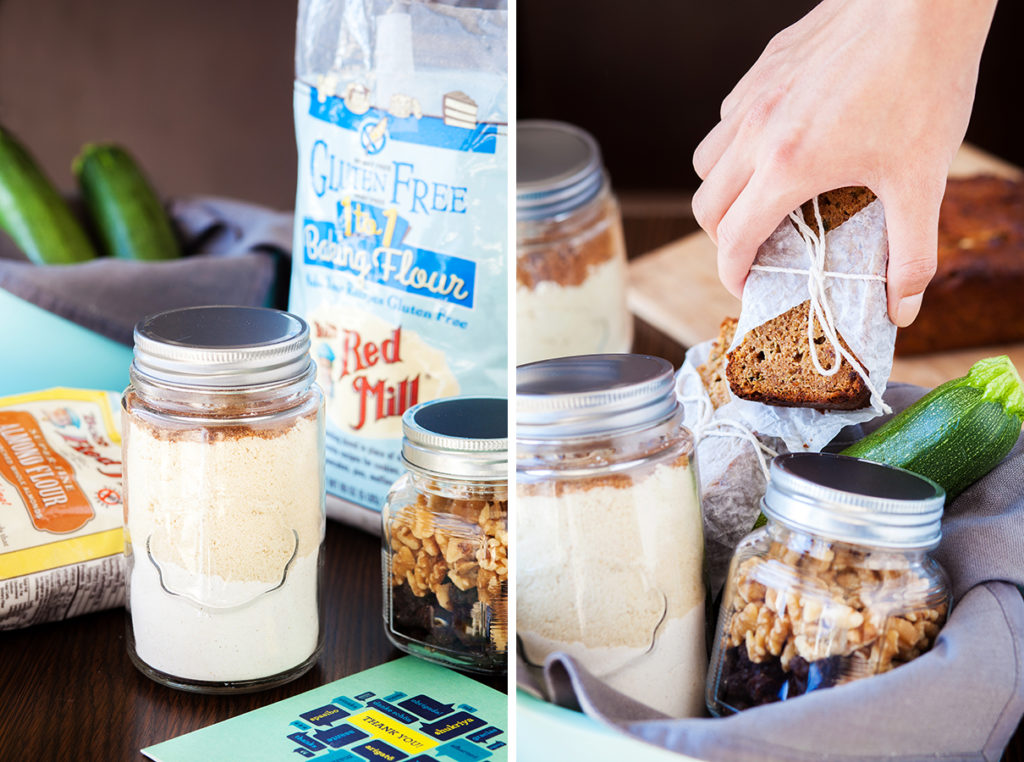 Left: Jar of zucchini bread mix. Right: Hand placing slice of zucchini bread in gift basket. 