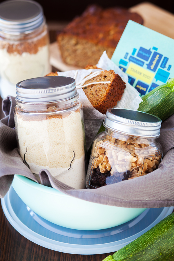 Gift basket of zucchini bread mix in jars. 