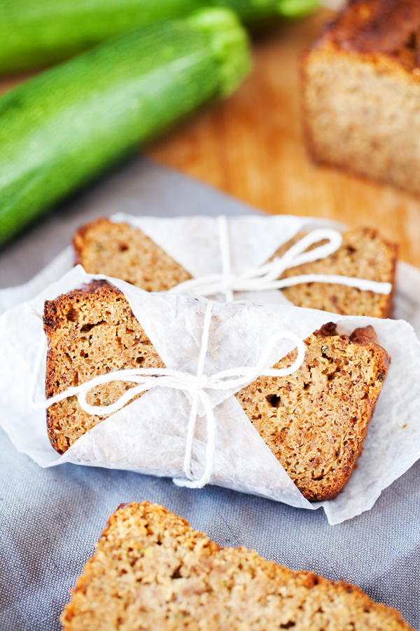 Sliced zucchini bread wrapped in parchment paper and tied with string. 