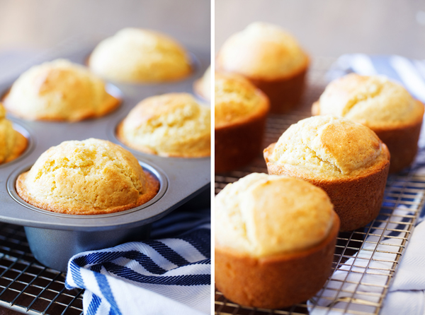 Left: Cornbread muffins in muffin pan. Right: Cornbread muffins on a cooling rack. 