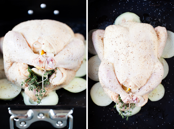 Left: Stuffed raw chicken in a roasting pan over sliced onions. Right: Birds-eye view of stuffed raw chicken in a roasting pan over sliced onions.