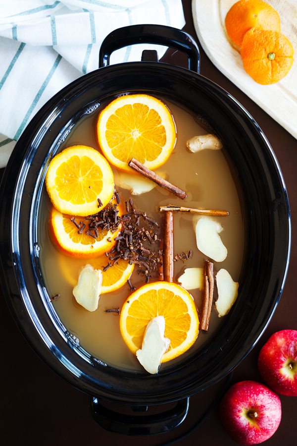 Birds-eye view of apple cider, orange slices, cloves, ginger, and cinnamon sticks in a slow cooker.