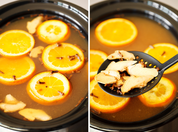 Left: Mulled cider with ginger, cloves, and orange slices in a slow cooker. Right: Ginger and cloves in a slotted spoon over mulled cider in a slow cooker.  