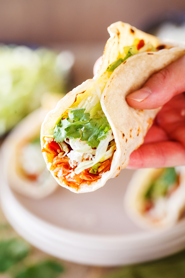 Hand holding one chicken ropa vieja taco with lettuce and shredded cheese garnishes in the background. 