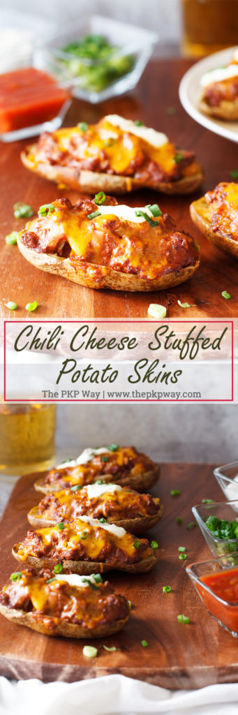 Chili Cheese Stuffed Potato Skins consist of an entire russet potato half, are loaded with a hefty filling, and finished off with mouthwatering toppings.