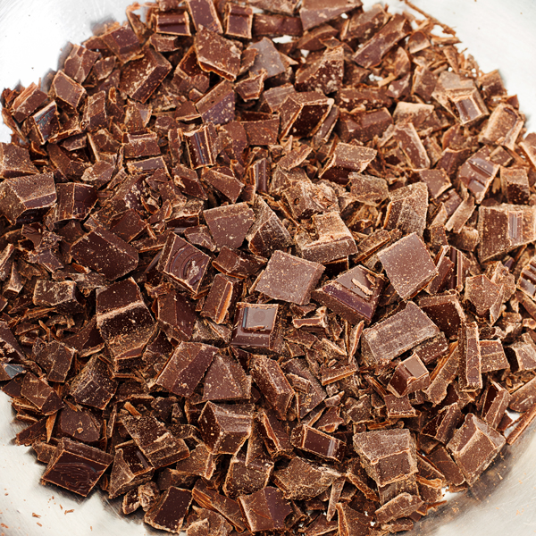 Close-up of coarsely chopped chocolate. 