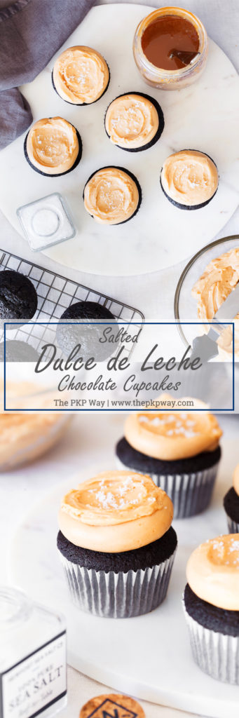 Salted Dulce de Leche Chocolate Cupcakes feature chocolate cupcakes filled with homemade dulce de leche, frosted with a dulce de leche buttercream, and sprinkled with flaky sea salt.