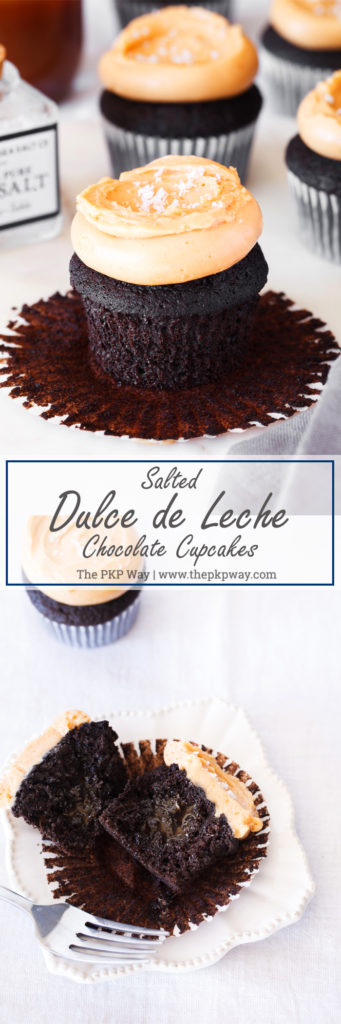 Salted Dulce de Leche Chocolate Cupcakes feature chocolate cupcakes filled with homemade dulce de leche, frosted with a dulce de leche buttercream, and sprinkled with flaky sea salt.