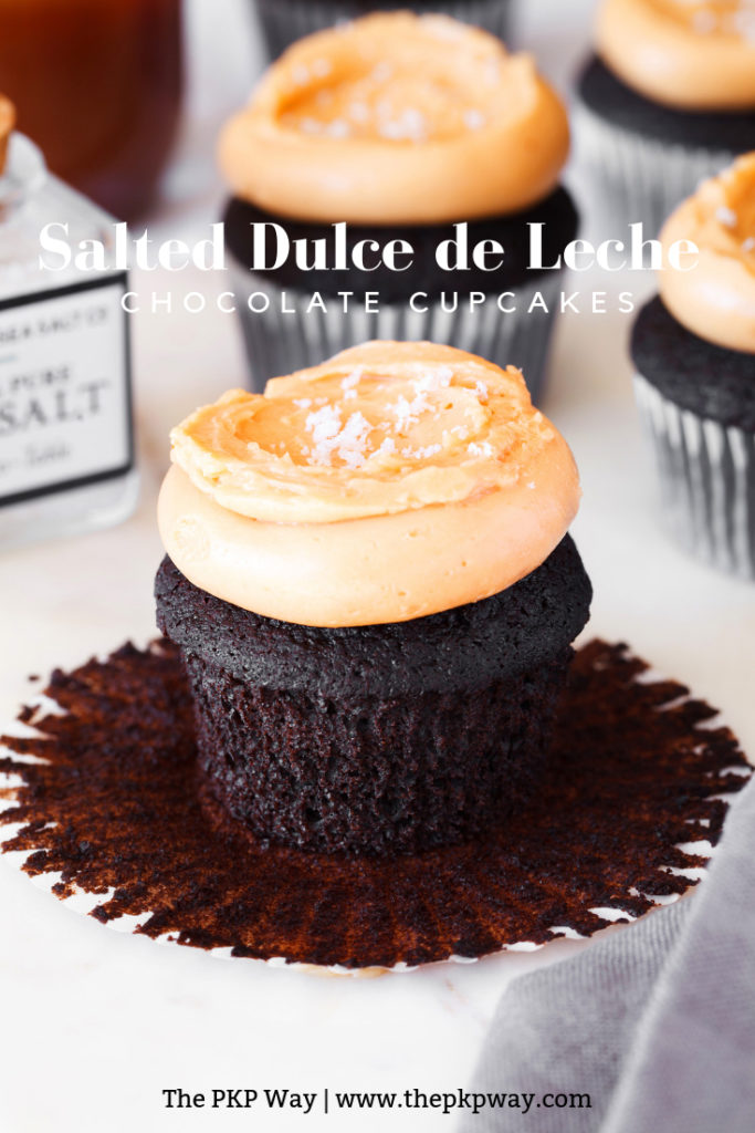 Salted Dulce de Leche Chocolate Cupcakes feature chocolate cupcakes filled with homemade dulce de leche, frosted with a dulce de leche buttercream, and sprinkled with flaky sea salt.