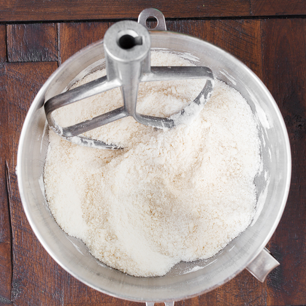 Birds eye view of mixing bowl filled with mixture using the reverse creaming method. 