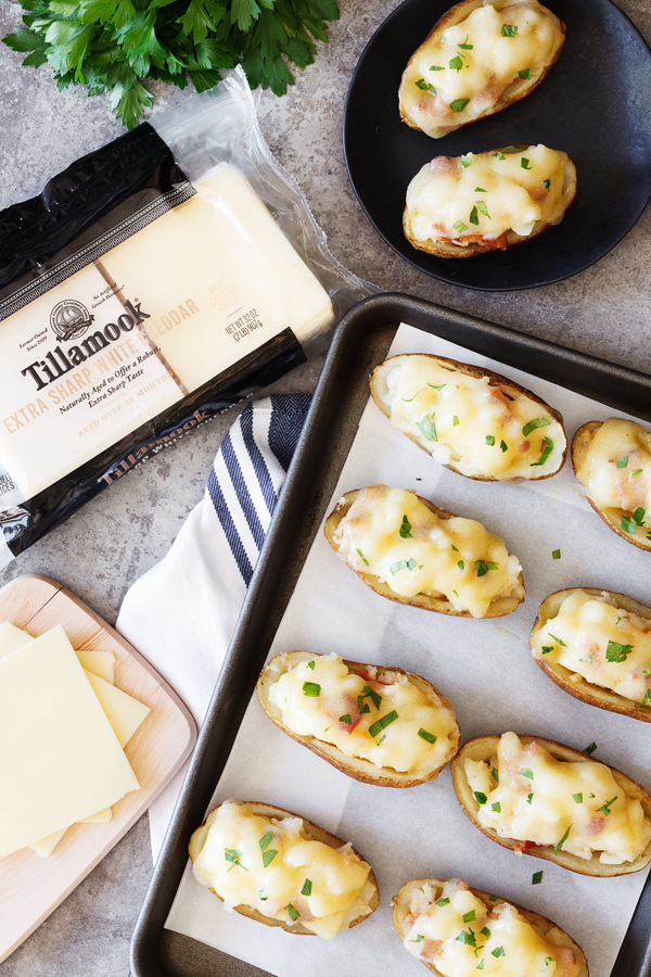 Flat lay of Cheesy Bacon Garlic Stuffed Potato Skins