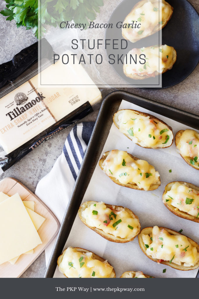 Loaded with crispy bacon, fragrant garlic, and topped with tangy Tillamook Extra Sharp White Cheddar Slices, these Cheesy Bacon Garlic Stuffed Potato Skins will get you through all of fall’s festivities.