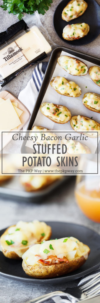 Loaded with crispy bacon, fragrant garlic, and topped with tangy Tillamook Extra Sharp White Cheddar Slices, these Cheesy Bacon Garlic Stuffed Potato Skins will get you through all of fall’s festivities.