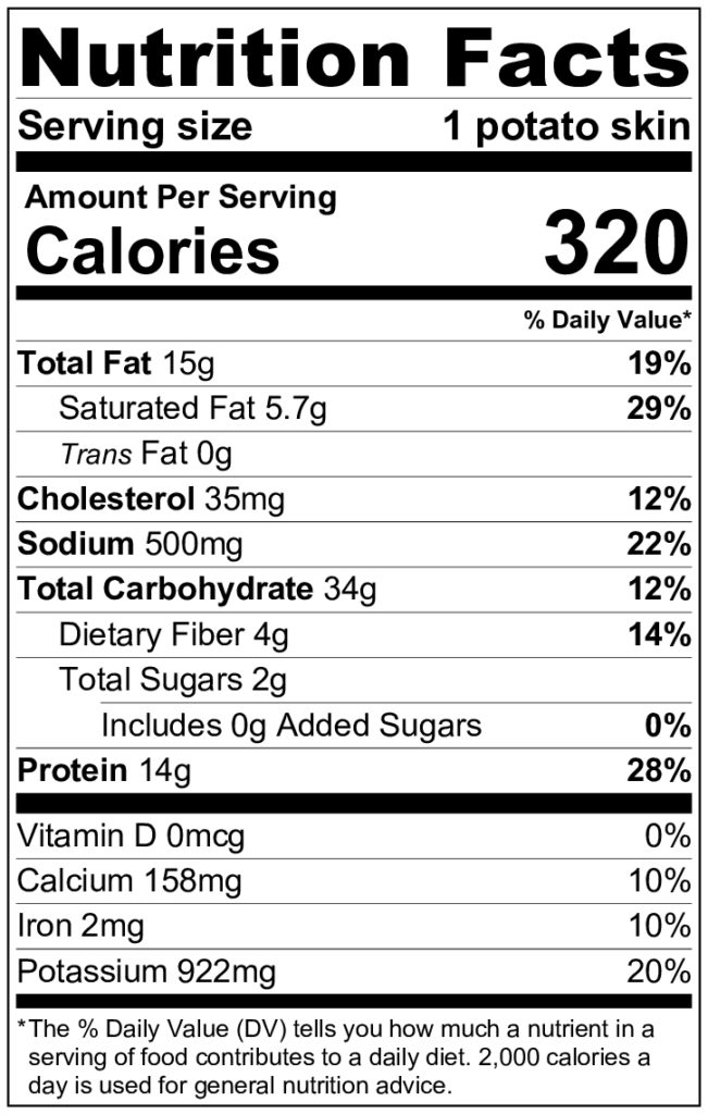 Cheesy Bacon Garlic Stuffed Potato Skins Nutrition Label