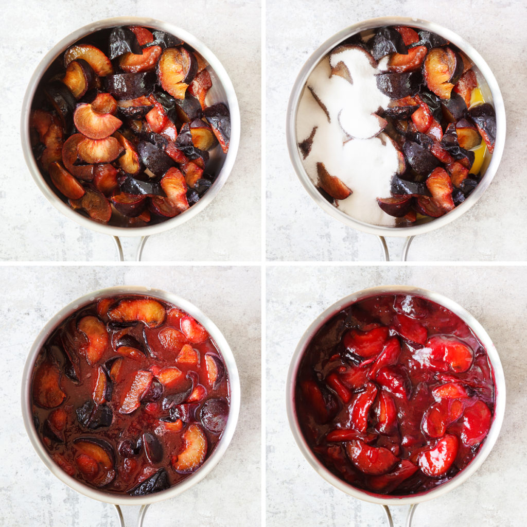 Preparation steps for plum crostata - grid of the stages of cooking plums