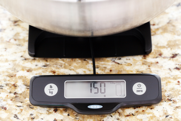 Preparation step for Swedish Visiting Cake Bars - Mixing bowl on top of kitchen scale.