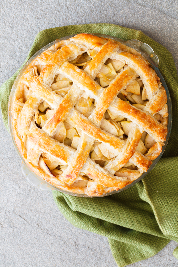 Birds-eye view of apple pie with lattice top.