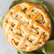 Birds-eye view of apple pie with lattice top.