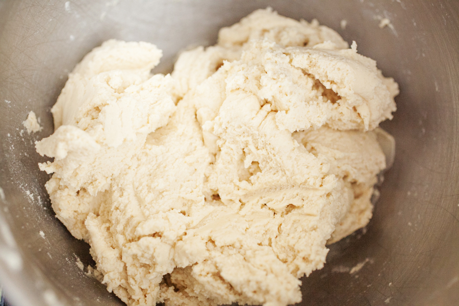 Preparation step for snickerdoodle cookies - cookie dough in mixing bowl