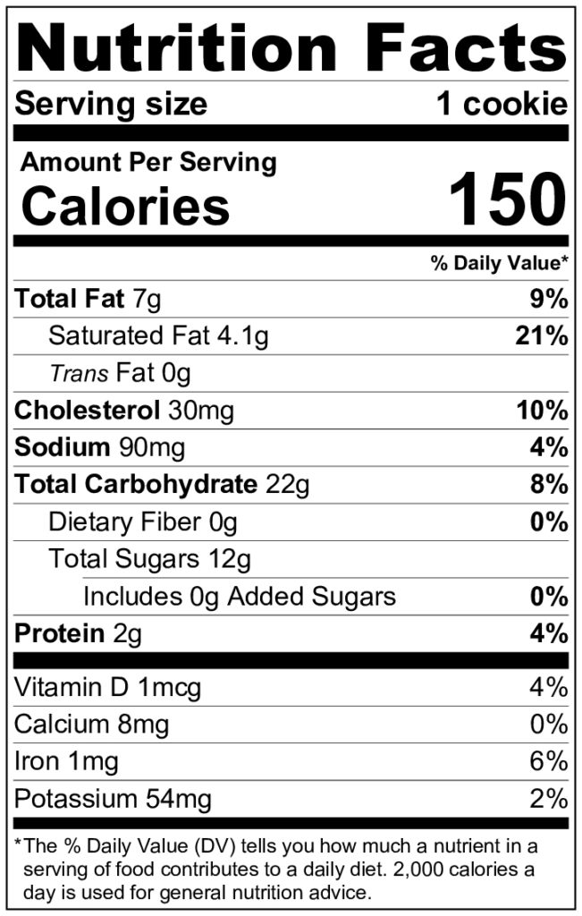 Nutritional label for snickerdoodle cookies