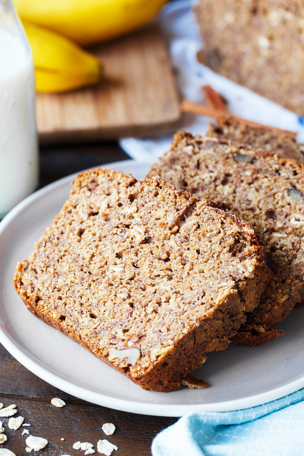Slices of healthier banana bread on serving plate. 