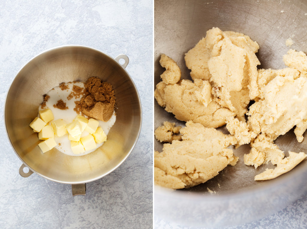 Preparation steps grid for Martino's Bakery original tea cakes - left side: cubed margarine, brown sugar and granulated sugar in mixing bowl; right side: creamed margarine, brown sugar, and granulated sugar in mixing bowl