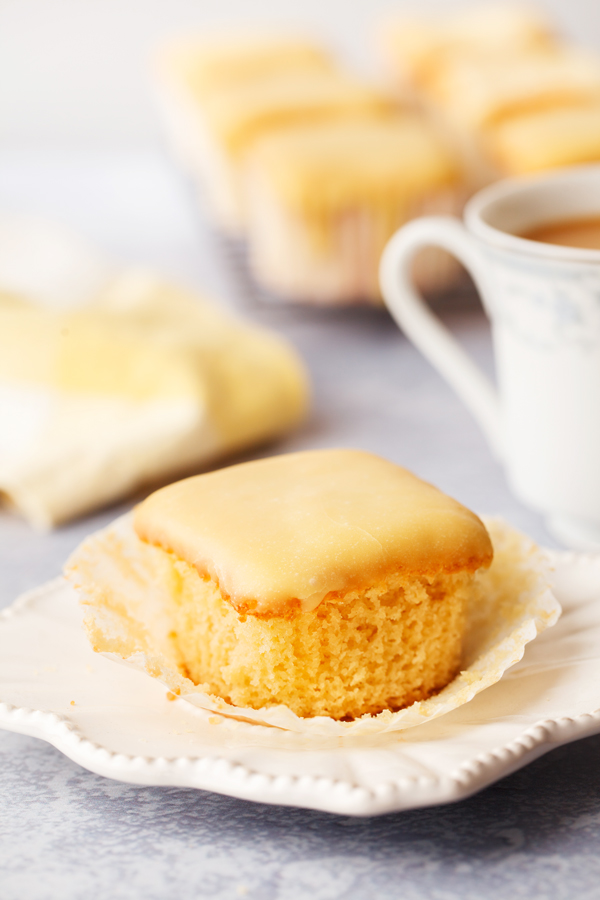 Martino's Bakery original tea cake on serving plate, unwrapped from liner. 