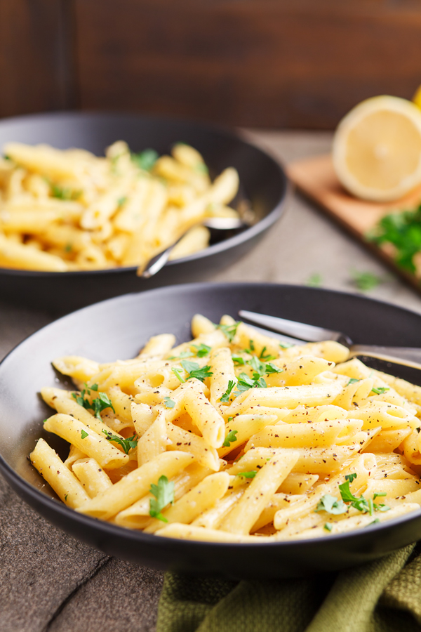 One Pot Pasta with Lemon Garlic Butter Sauce in serving bowl.