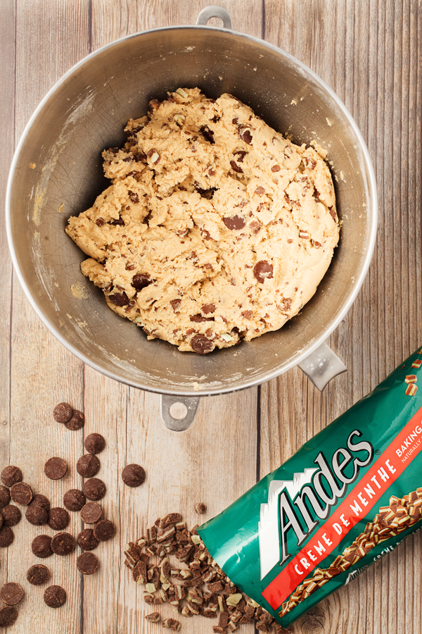 Preparation step for Andes Mint Chip Cookies - cookie dough in mixing bowl