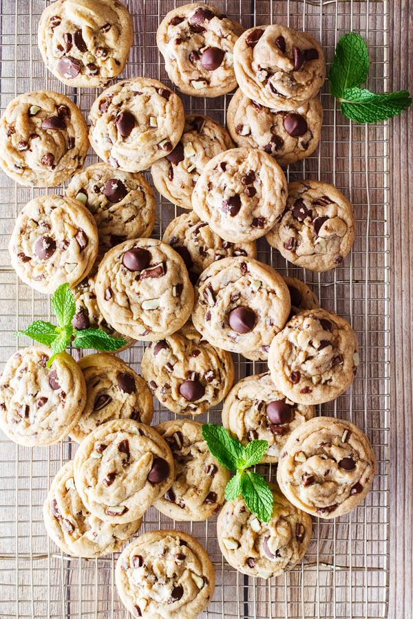 Overhead view of Andes Mint Chip Cookies on cooling rack. 