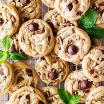 Overhead view of Andes Mint Chip Cookies on cooling rack.