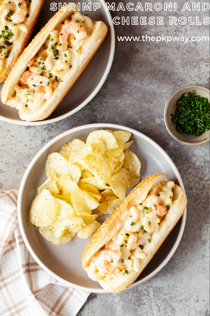 A one pot shrimp macaroni and cheese recipe served in a warm and toasted bun for a meal with minimal cleanup and maximum indulgence.