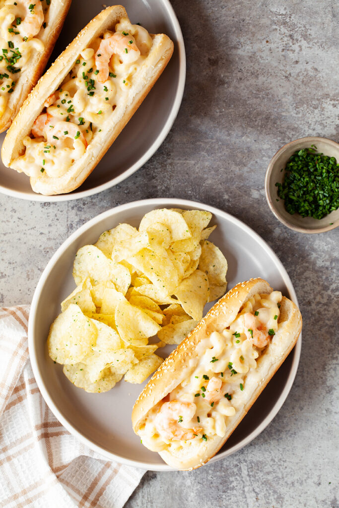 Plated shrimp macaroni and cheese rolls.