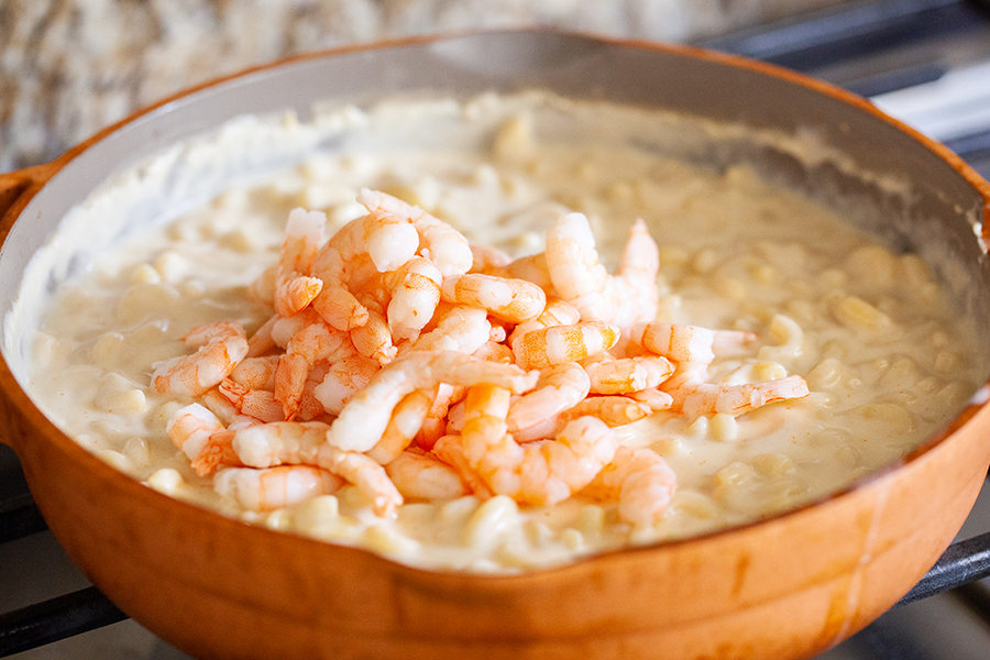 Shrimp added to macaroni and cheese